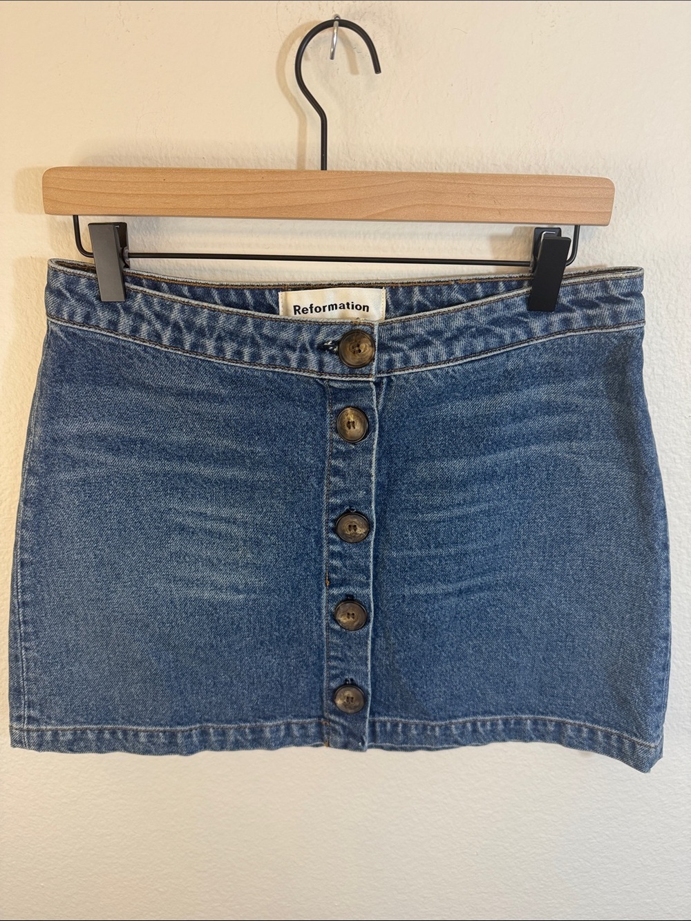 REFORMATION Candace Dark Blue Button-Front Denim Mini Skirt